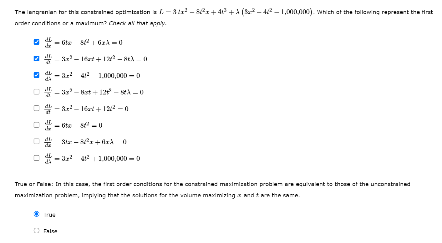 The langranian for this constrained optimization is \( L=3 t x^{2}-8 t^{2} x+4 t^{3}+\lambda\left(3 x^{2}-4 t^{2}-1,000,000\r