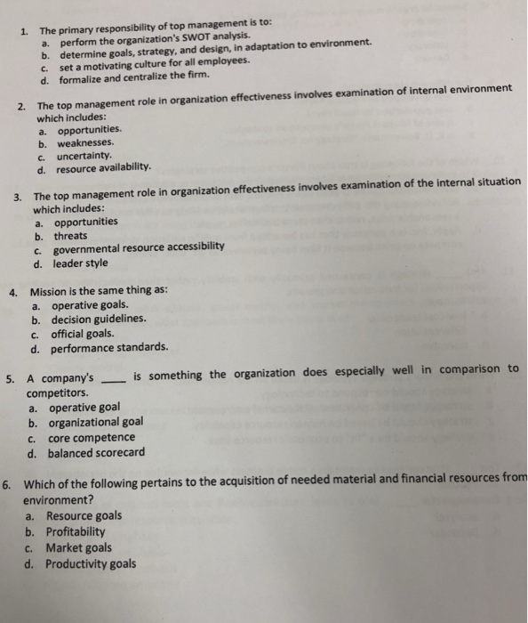 Solved 1 Primary Responsibility Top Management Perform Or