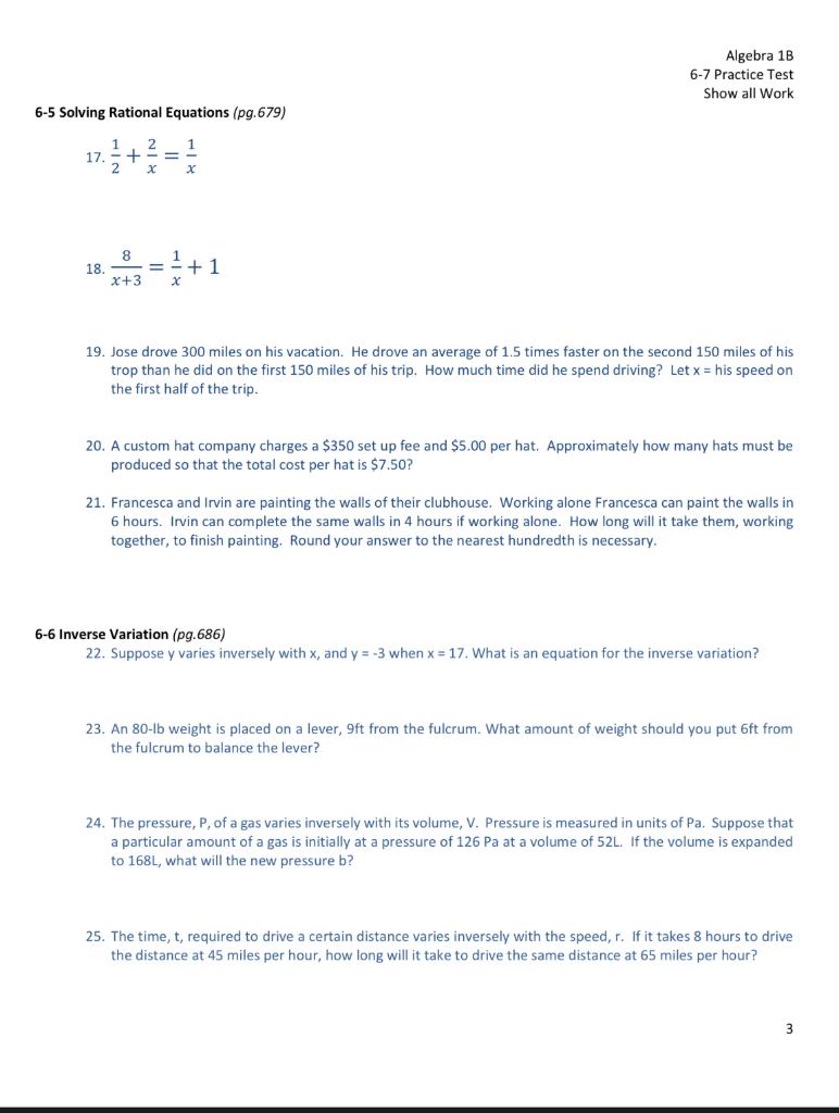 Solved Algebra 1B 6-7 Practice Test Show All Work 6-5 | Chegg.com