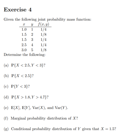 Solved Exercise 4 Given the following joint probability mass | Chegg.com