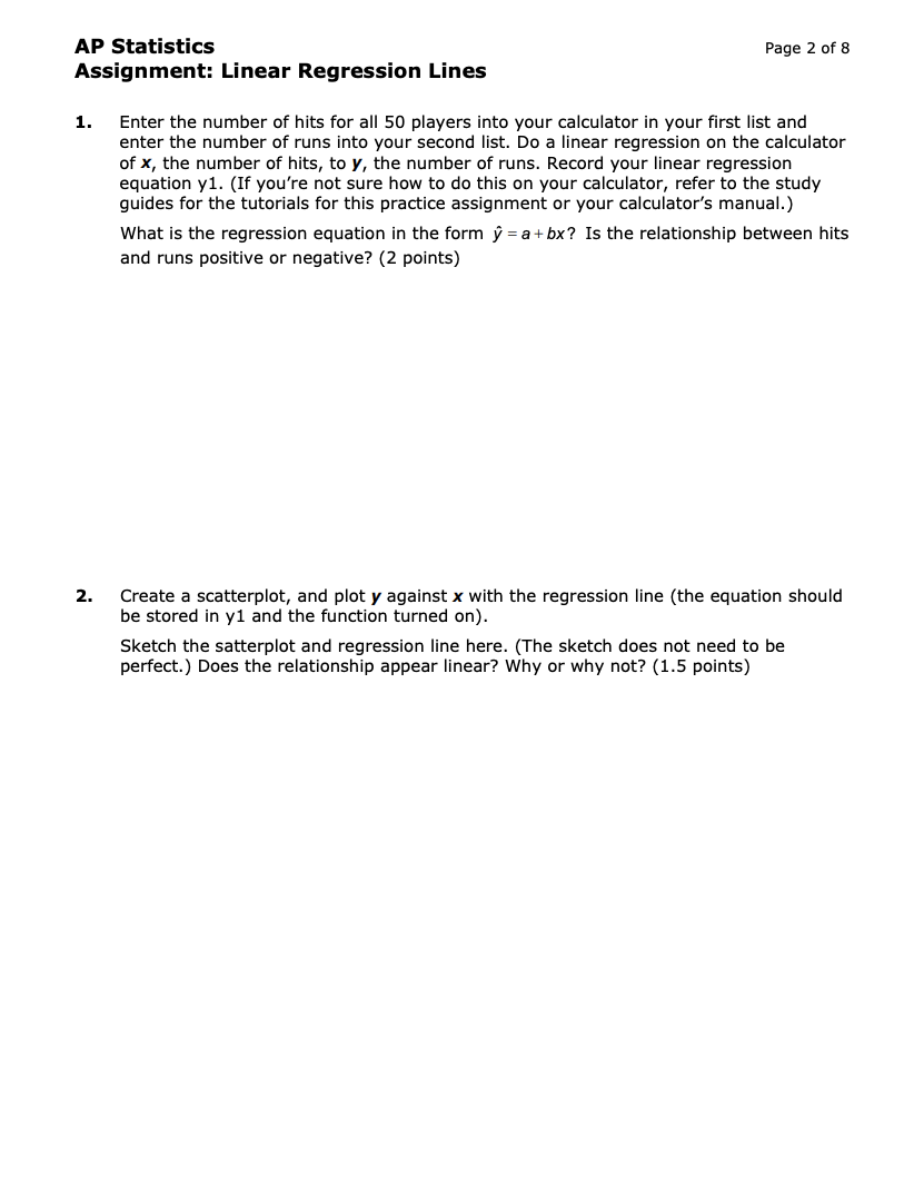 ap statistics assignment linear regression lines