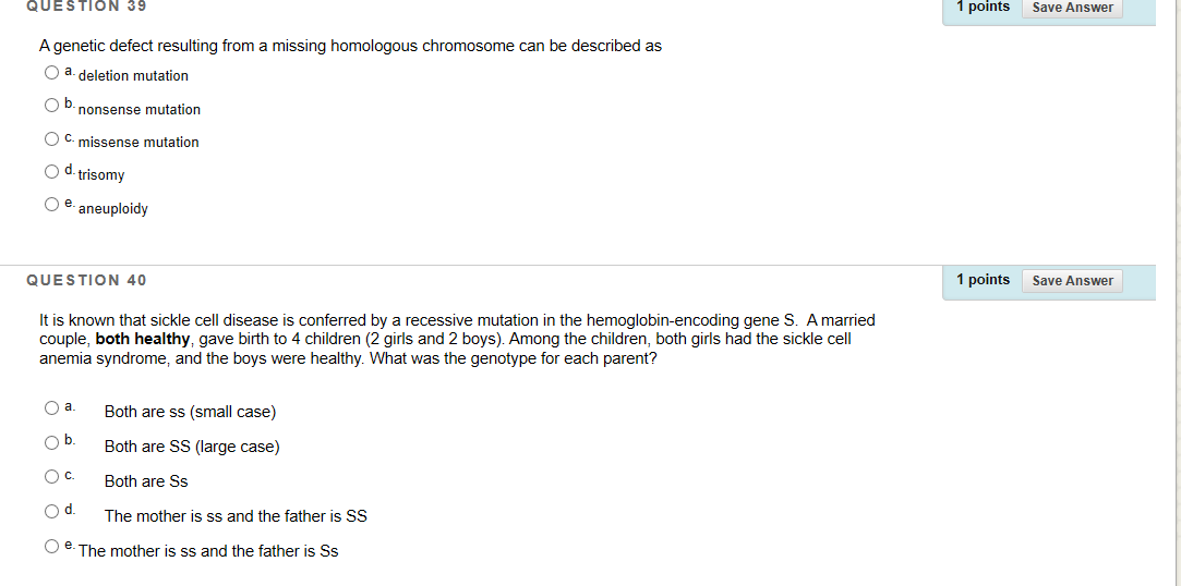 Solved QUESTION 39 1 Points Save Answer A Genetic Defect | Chegg.com