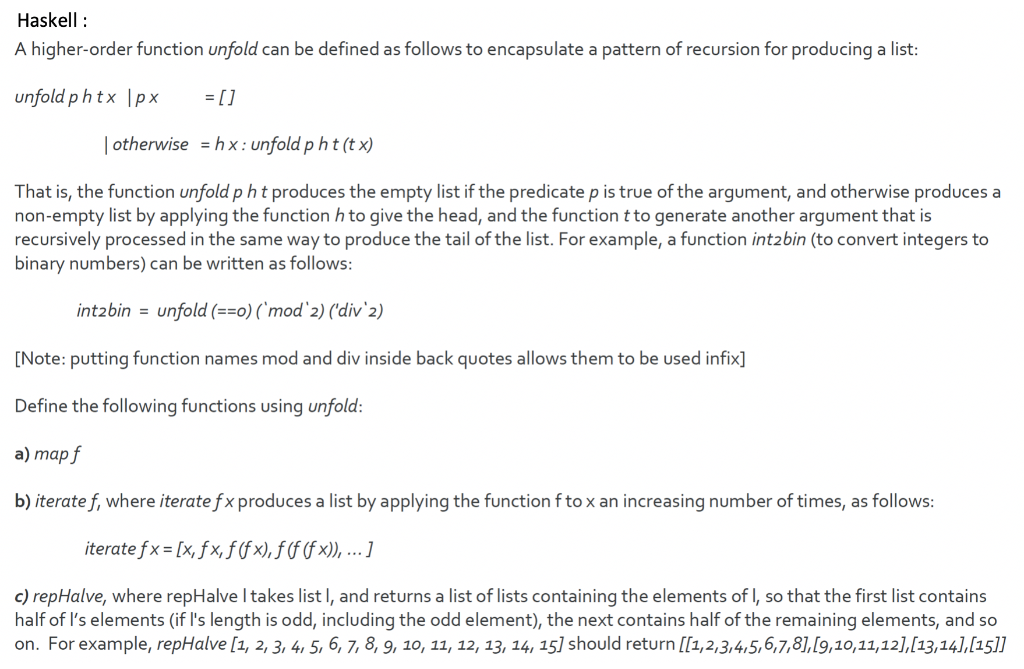 Haskell: A higher-order function unfold can be | Chegg.com