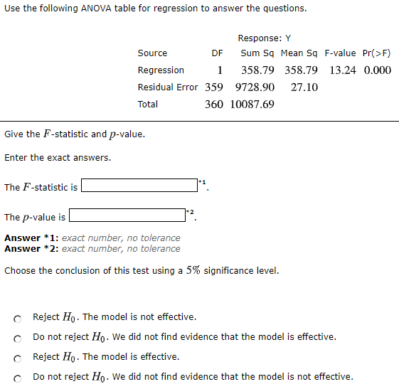 Solved Use the following ANOVA table for regression to | Chegg.com
