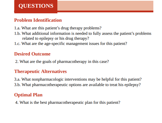 QUESTIONS
Problem Identification
1.a. What are this patients drug therapy problems?
1.b. What additional information is need