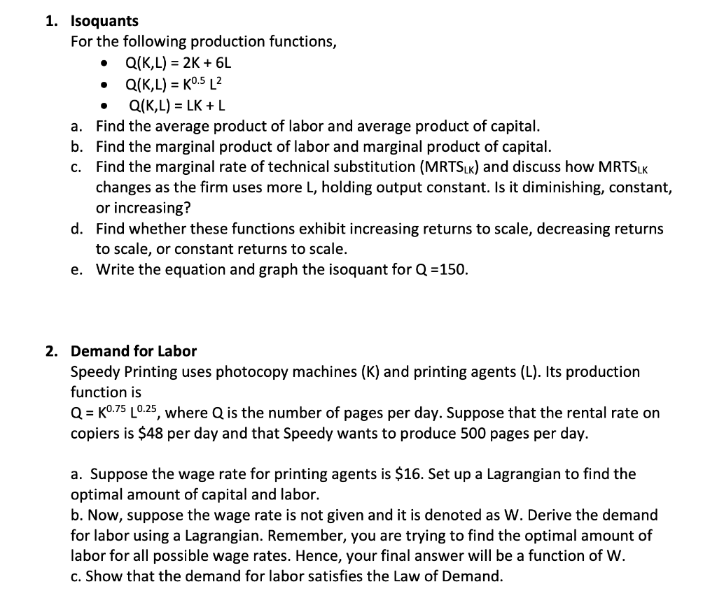 1 Isoquants For The Following Production Functions Chegg Com