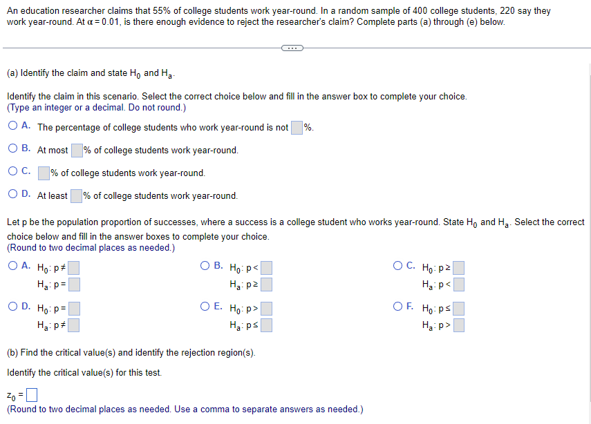 Solved An education researcher claims that 55% of college | Chegg.com