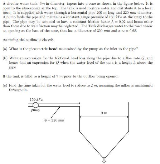 A circular water tank, \( 3 \mathrm{~m} \) in diameter, tapers into a cone as shown in the figure below. It is open to the at