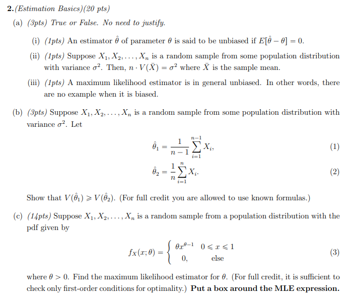 Solved 2 Estimation Basics Pts A 3pts True Or Chegg Com