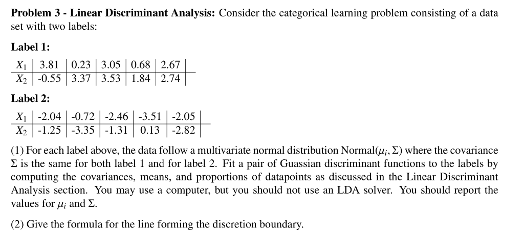 Problem 3 - Linear Discriminant Analysis: Consider | Chegg.com