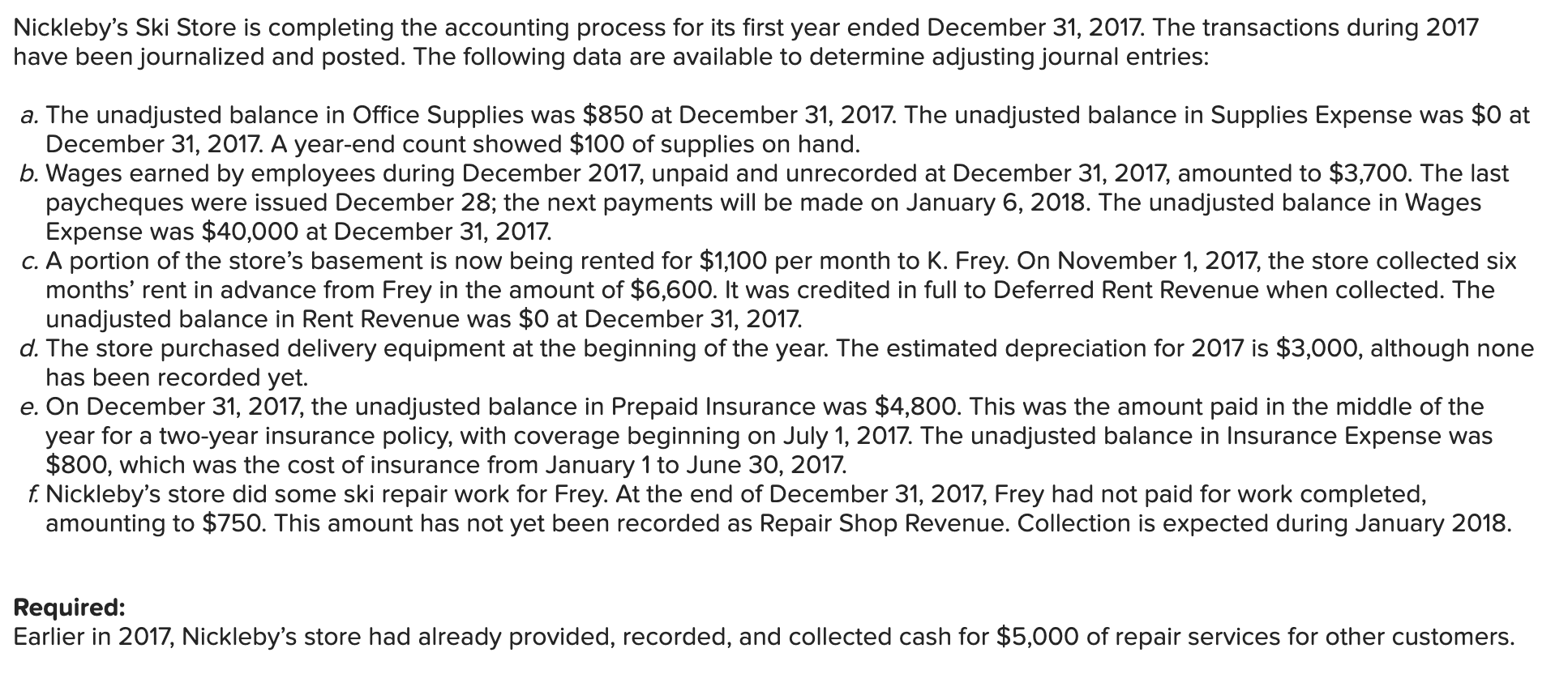 Nicklebys ski store is completing the accounting process for its first year ended december 31, 2017. the transactions during