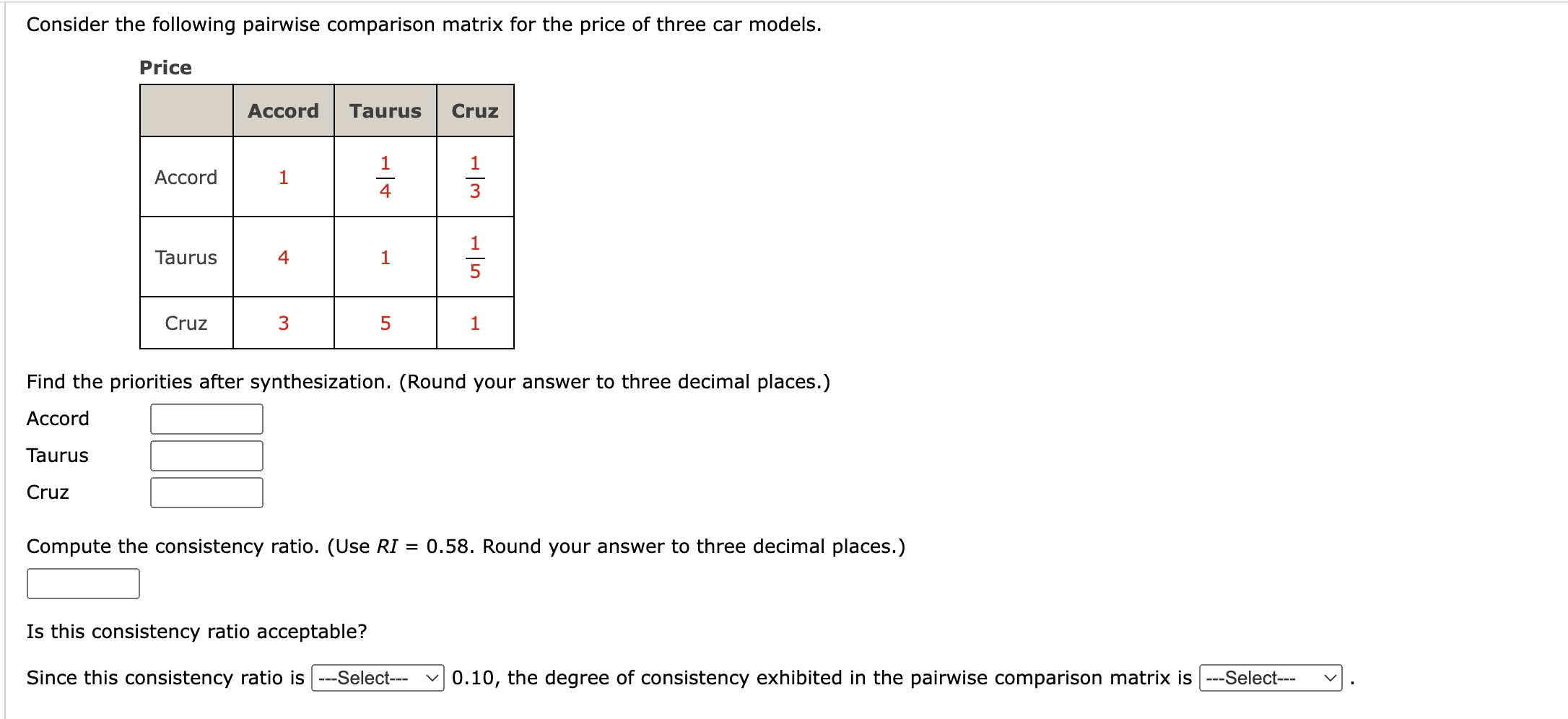 Solved Consider the following pairwise comparison matrix for | Chegg.com