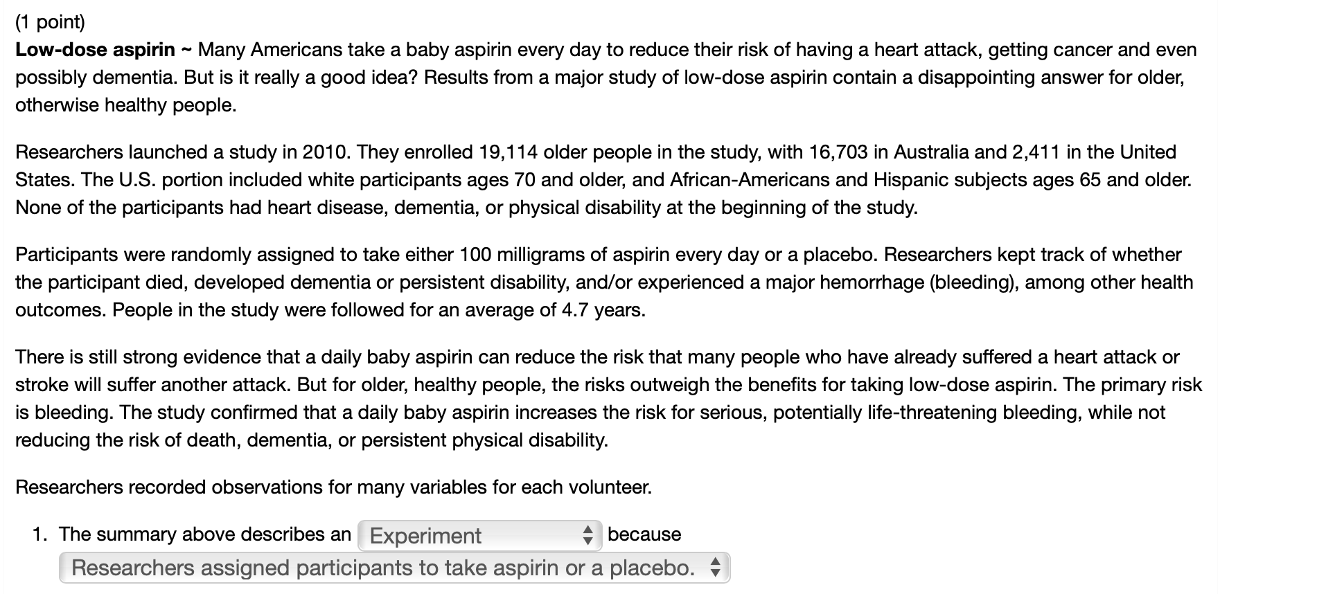 Solved (1 point) Low-dose aspirin ~ Many Americans take a | Chegg.com