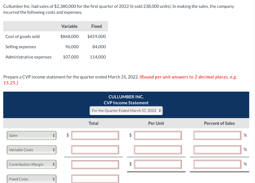 Solved Cullumber Inc. had sales of $2,380,000 for the first
