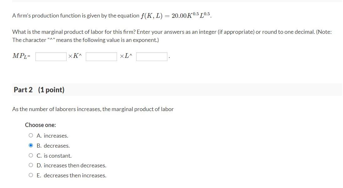 Solved A firm's production function is given by the equation | Chegg.com