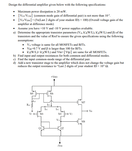Design the differential amplifier given below with
