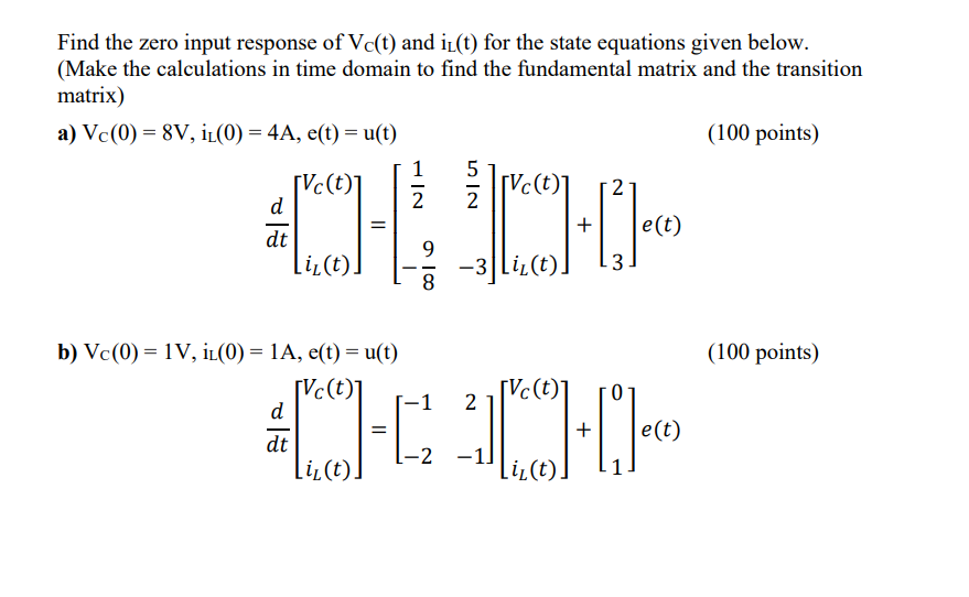 Solved Find the zero input response of Vc(t) and iz(t) for | Chegg.com