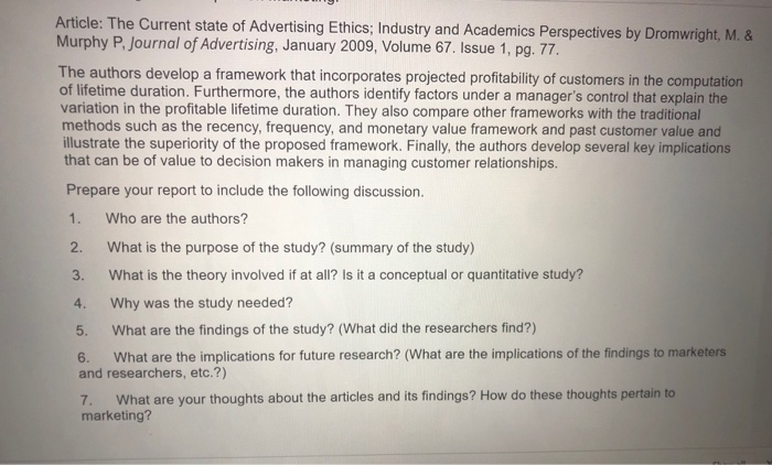 Solved Article: The Current state of Advertising Ethics; | Chegg.com