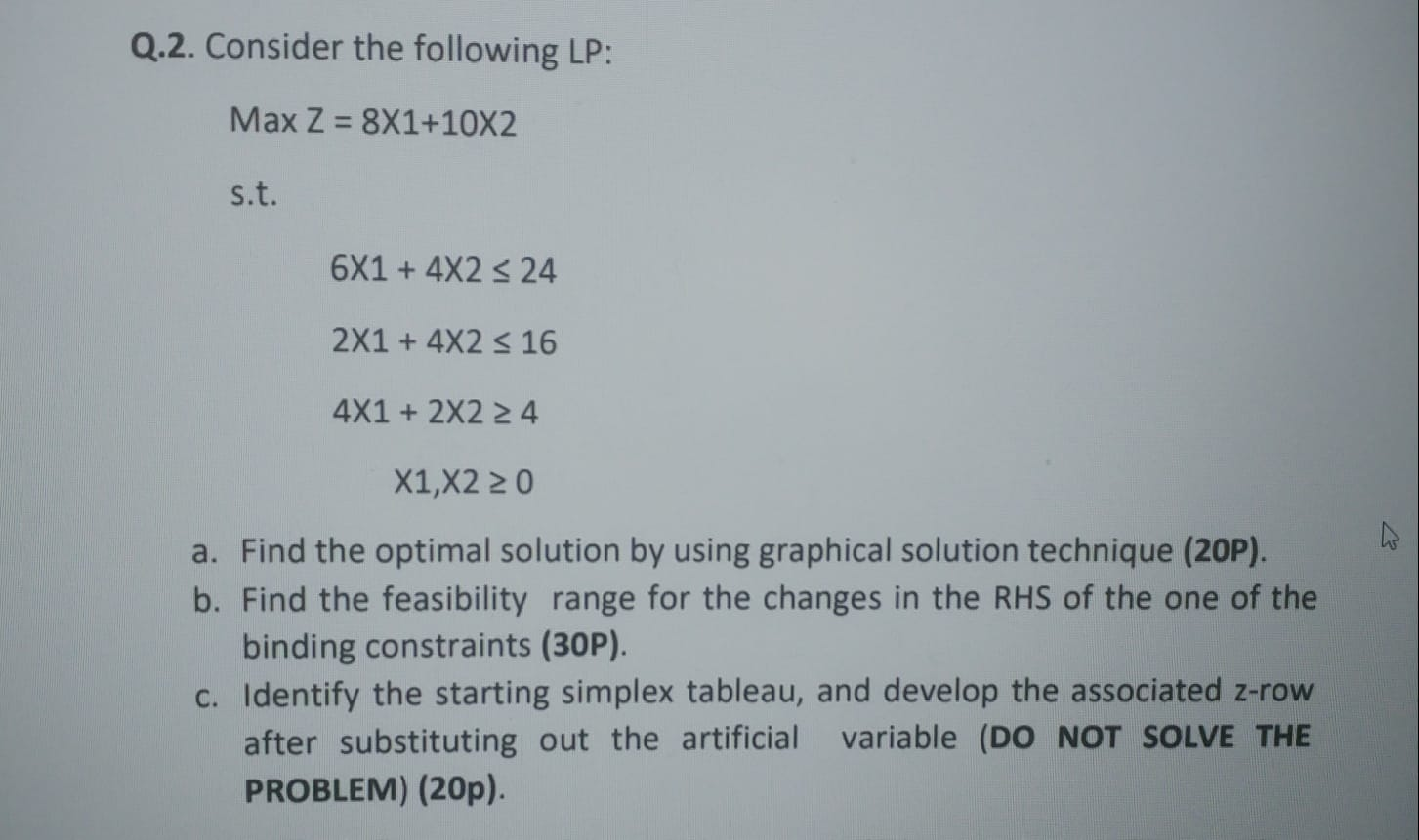 Q 2 Consider The Following Lp Max Z 8x1 10x2 S T