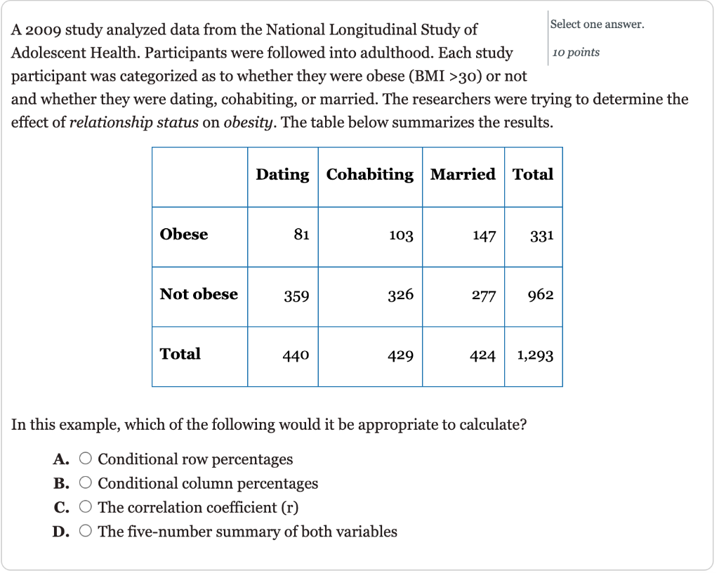 Solved Select One Answer. A 2009 Study Analyzed Data From | Chegg.com