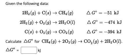 Solved Given the following data: 2H2(g)+C(s)→CH4(g)ΔG∘=−51 | Chegg.com