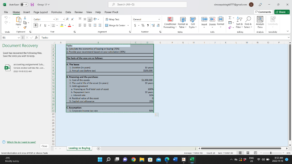 Document Recovery Excel has recovered the following | Chegg.com