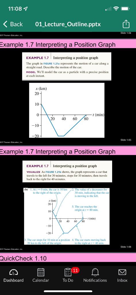 EXAMPLE \( 1.7 \) Interpreting a position graph
The graph in FiGURE \( 1.21 \) a represents the motion of a car along a strai