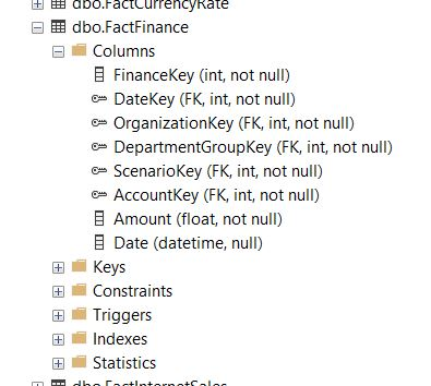 + dbo.factcurrency rate bb dbo.factfinance columns financekey (int, not null) - datekey (fk, int, not null) - organizationkey