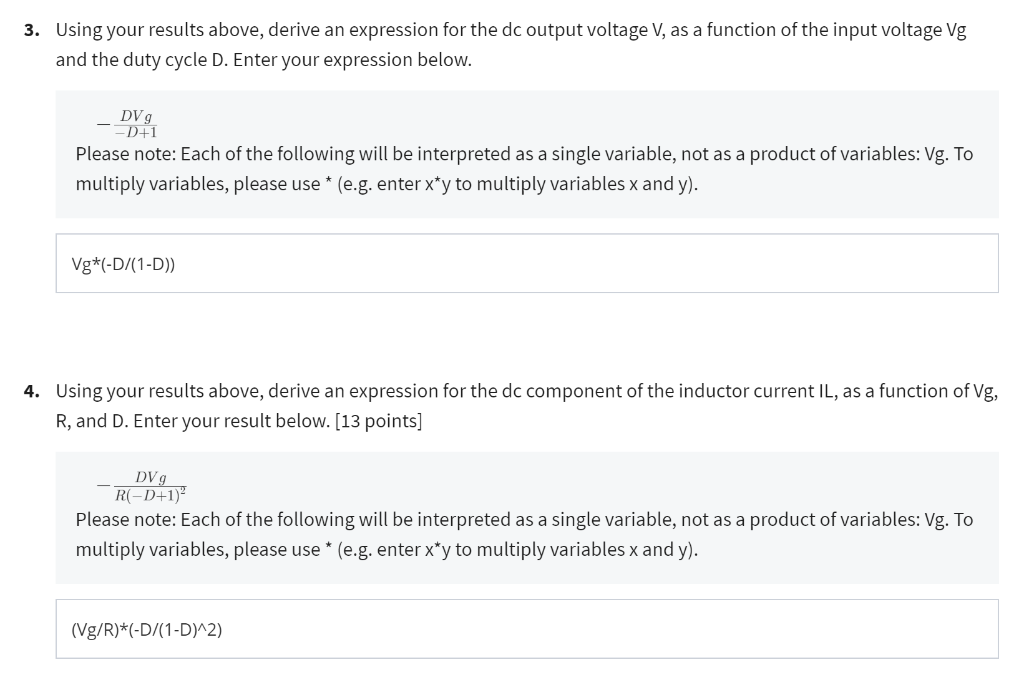 Using your results above, derive an expression for the dc output voltage V, as a function of the input voltage Vg and the dut