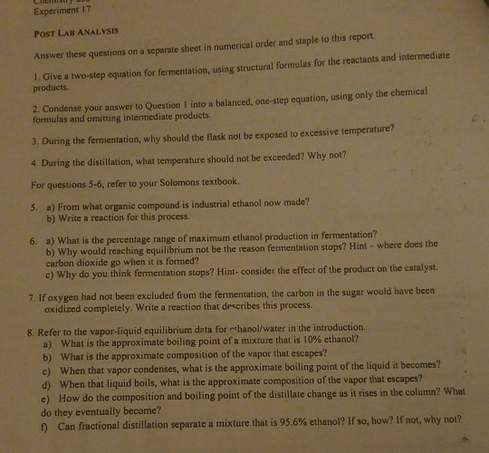 Solved Experiment 17 POST LAB ANALYSIS Ansiwer thiese | Chegg.com