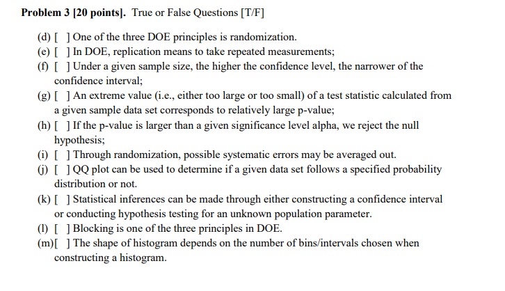 Solved Problem 3 [20 points). True or False Questions [T/F] | Chegg.com