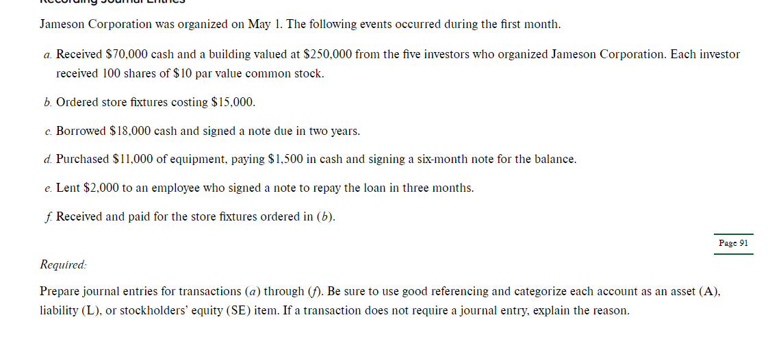 Solved Jameson Corporation Was Organized On May 1. The | Chegg.com