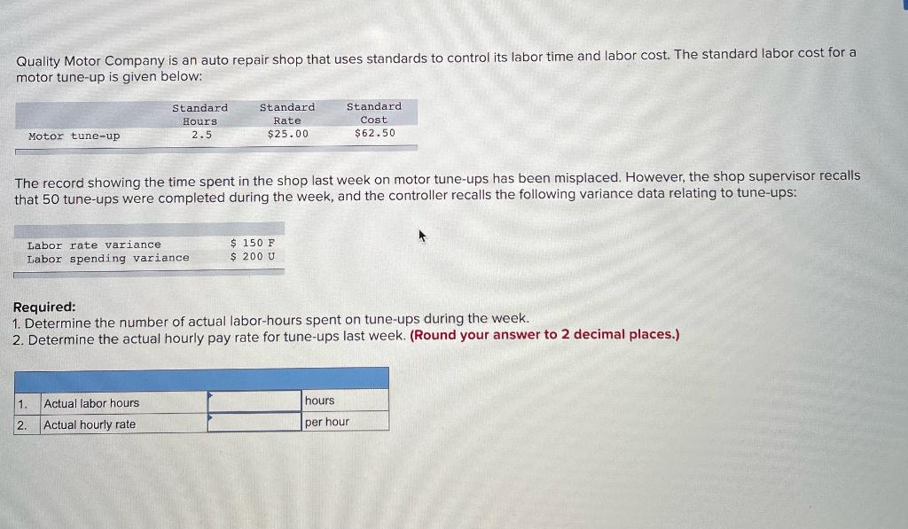 Solved Quality Motor Company is an auto repair shop that