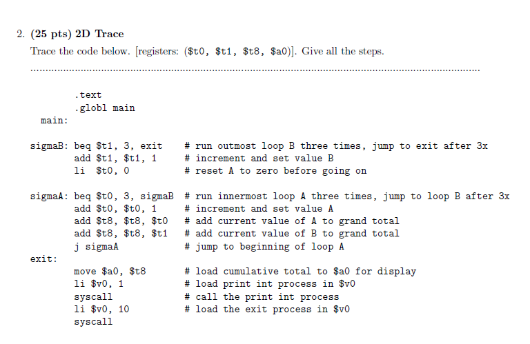 2. (25 pts) 2D Trace Trace the code below. | Chegg.com