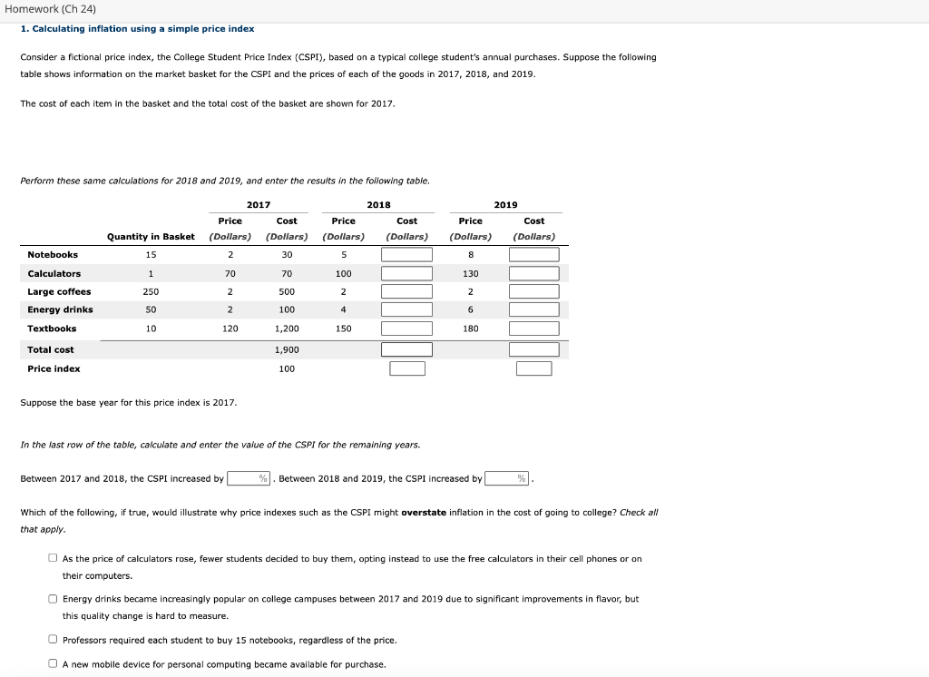 Solved Homework (Ch 24) 1. Calculating Inflation Using A | Chegg.com