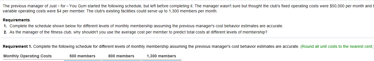 Solved The Previous Manager Of Just-for-You Gym Started The | Chegg.com