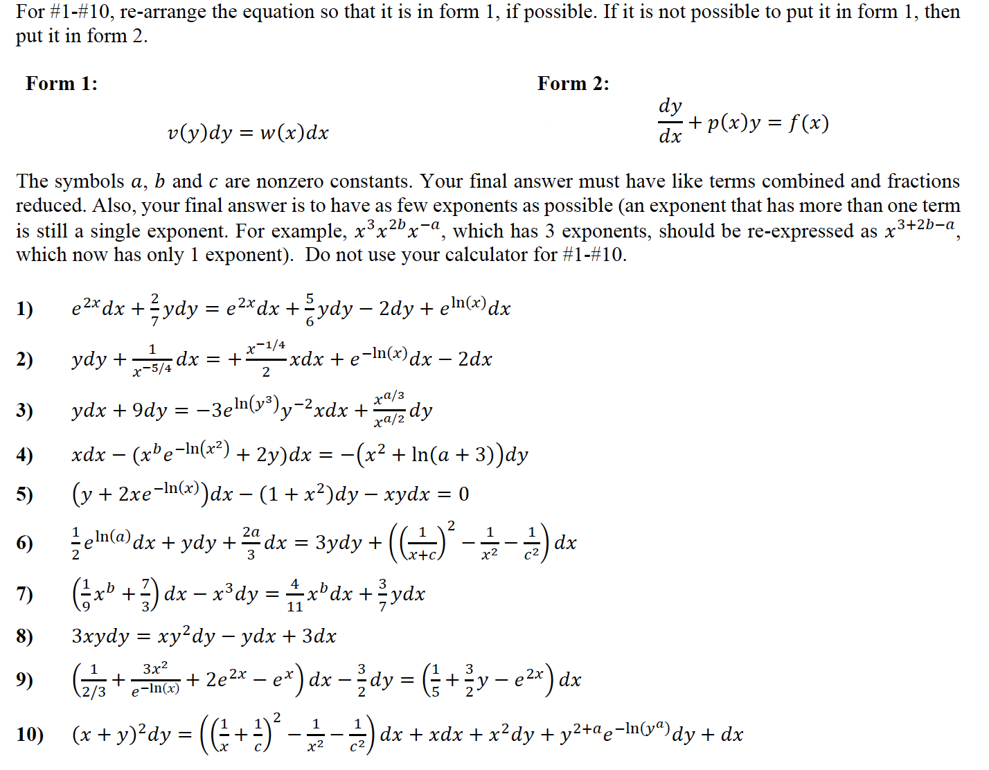 Solved For \#1-\#10, re-arrange the equation so that it is | Chegg.com