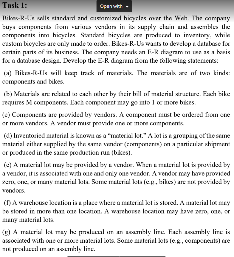 Solved Task 1: Open with Bikes-R-Us sells standard and | Chegg.com