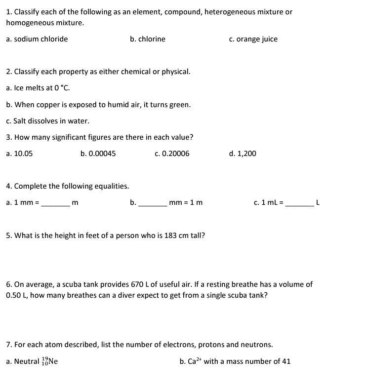 Solved 1. Classify each of the following as an element, | Chegg.com