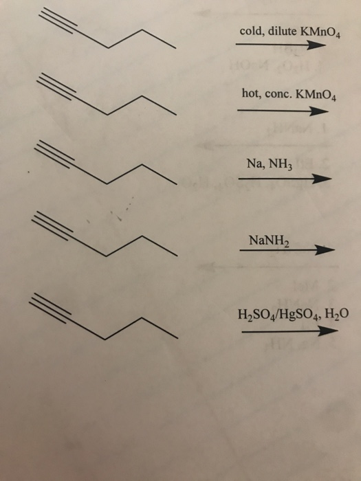 Solved cold, dilute KMnO4 hot, conc. KMnO4 Na, NH3 NaNH2