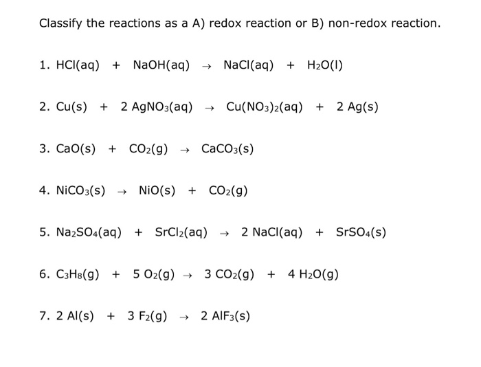 Solved Classify the reactions as a A) redox reaction or B) | Chegg.com