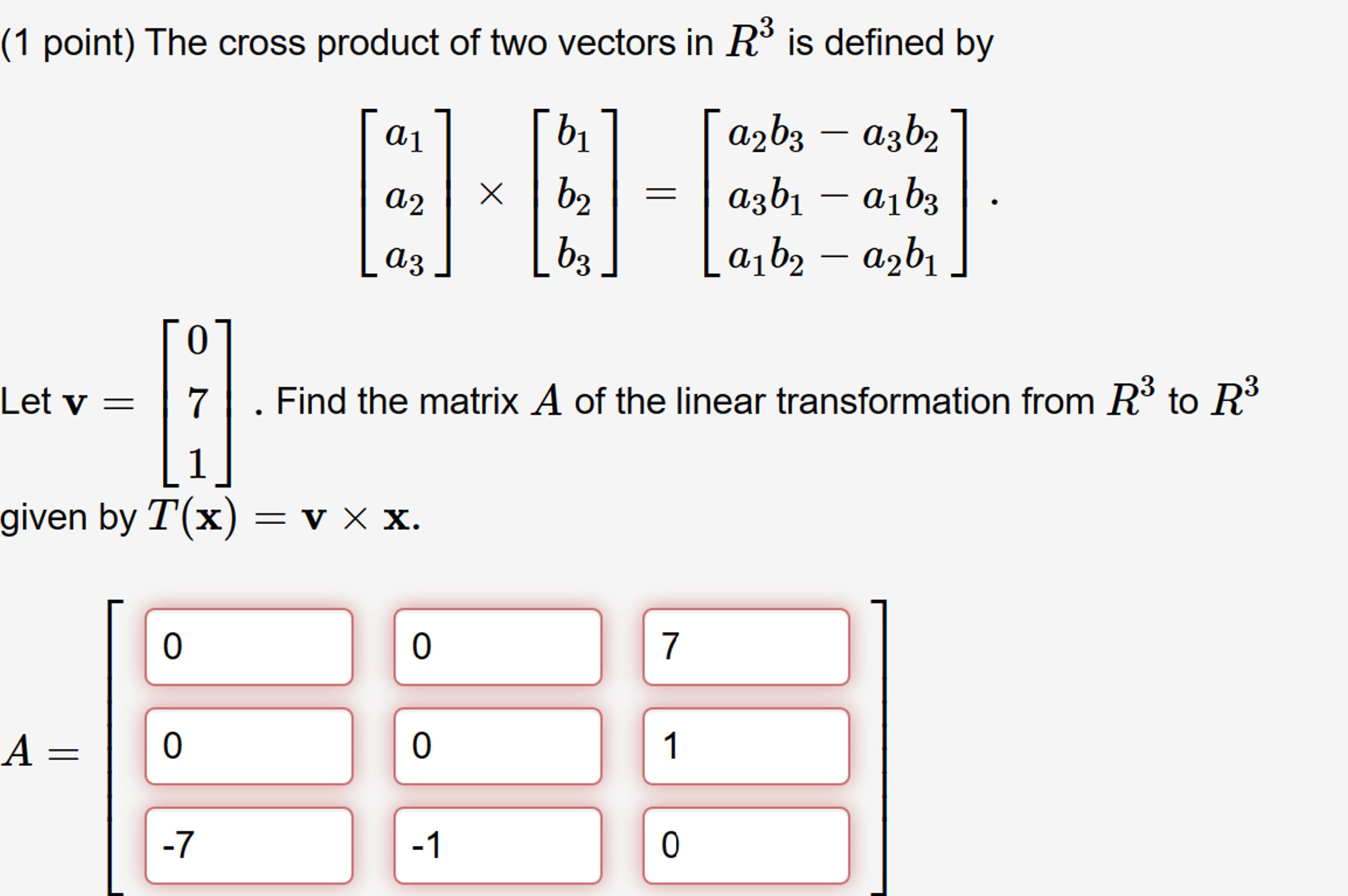 Solved ( 1 ﻿point) ﻿The cross product of two vectors in R3 | Chegg.com