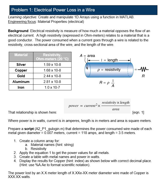 Problem 1: Electrical Power Loss in a Wire
Learning objective: Create and manipulate 1D Arrays using a function in MATLAB. En