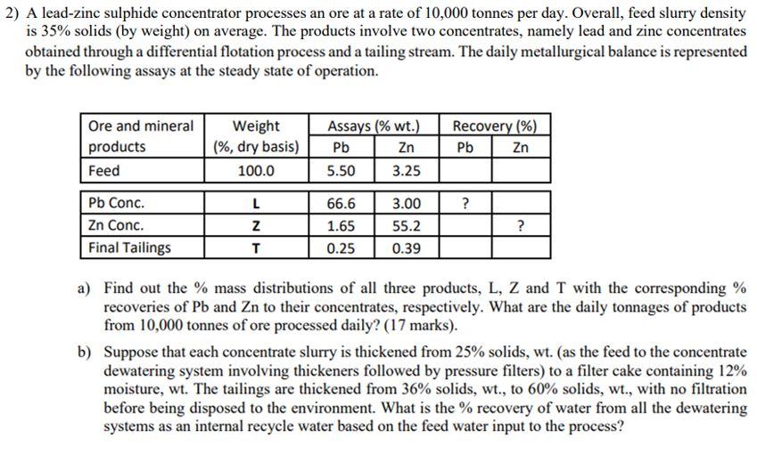 Solved 2) A lead-zinc sulphide concentrator processes an ore | Chegg.com