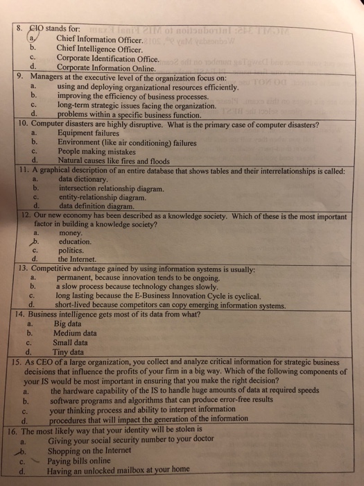 Solved 8. CIO stands for Chief Information Officer. b. Chief | Chegg.com