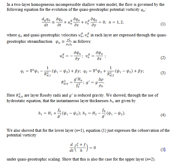 In a two-layer homogeneous incompressible shallow | Chegg.com