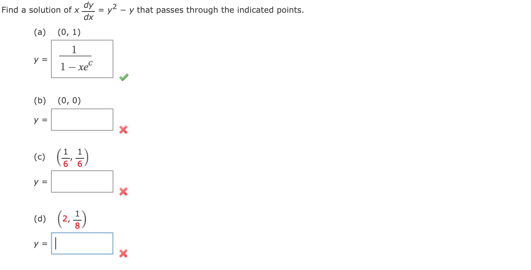 Solved Find A Solution Of Xdxdy Y2−y That Passes Through The