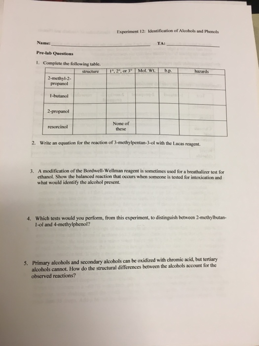 Solved Experiment 12 Identification of Alcohols and Phenols