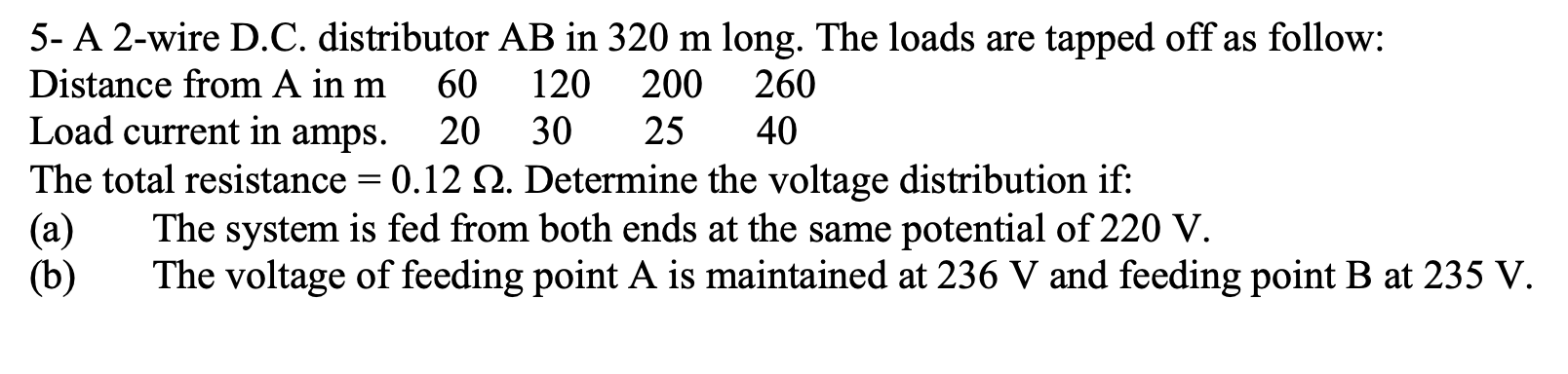 Solved 5- A 2-wire D.C. distributor AB in 320 m long. The | Chegg.com