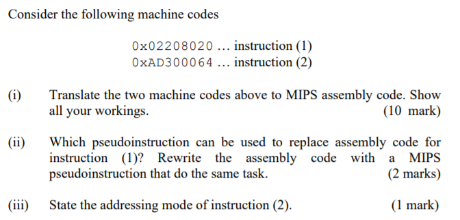 Solved Consider the following machine codes 0x02208020 ... | Chegg.com